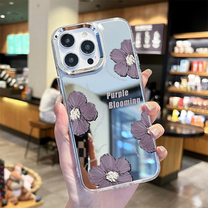 Custodia per <span class=keywords><strong>iPhone</strong></span> 17 PROMAX con effetto 3D e design floreale viola, finitura a specchio, cornice argentata, compatibile anche con <span class=keywords><strong>iPhone</strong></span> 16, in materiale morbido. - Product Image 1