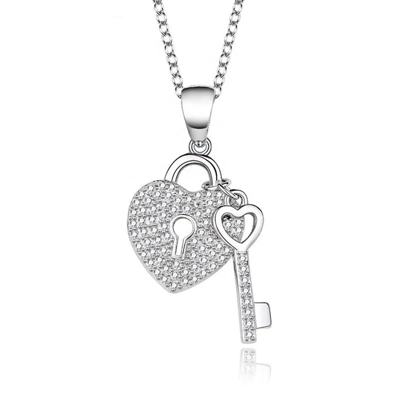 925 sterling silver heart-shaped lock pendant CZ diamond personalized fashion lock key pendant necklace