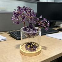 Arbre à monnaie en cristal de chakra, fil de cuivre enroulé à la main, bonsaï en pierres précieuses mélangées avec couvercle en verre double couche, base en bois de bambou