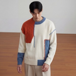 Pull classique à col rond et blocs de couleur pour homme, sweat-shirt pour homme avec logo sur le devant, pull en tricot pour homme - Product Image 6