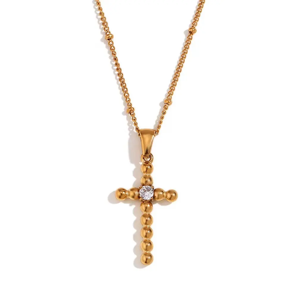 Collana a croce di zircone con perline in acciaio inossidabile placcato oro catena a maglie con ciondolo in rilievo del produttore di Yiwu regalo di natale per le donne