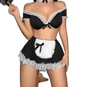 Ensemble de lingerie sexy de cosplay de femme de chambre française pour femme, avec soutien-gorge à épaules dénudées, mini-jupe et tablier à bordure en dentelle, tenue de nuit pour jeu de rôle - Product Image 5
