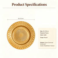 Assiette de présentation en plastique PP double couche, dorée par poudrage, motif soleil diamanté en relief, pour banquets et mariages