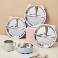 Ensemble d'alimentation hybride en acier inoxydable 316 et silicone, avec ventouse amovible, design animal ours, assiette, bol, tasse, cuillère, fourchette, couverts, compartimentés