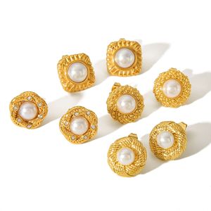 Pearl Stud Earrings Geometric Design <b>Titanium</b> Steel Bezel Setting Everyday Wear Women's Fashion Jewelry - Product Image 3