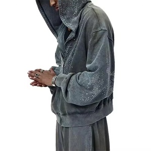 Custom Rhinestone Full Zip Washed Oversized Hoodie Streetwear Y2K Heavyweight Fleece Private Label OEM ODM MOQ Festival - Product Image 4