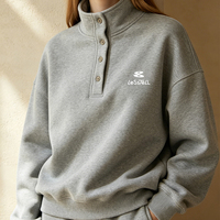 Sweat-shirt à col montant et fermeture à boutons LTD-H1088, imprimé logo sur la poitrine, coupe décontractée, gris chiné, service de vêtements OEM