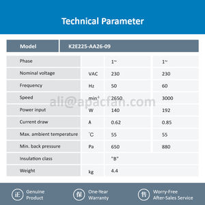 ebmpapst K2E225-AA26-09 230VAC 140/192W 0.62/0.85A 2650/3000RPM Motor de Ventilador de Curva Inversa Siemens Inverter Independiente ODM/OEM - Product Image 3