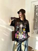 T-shirt oversize noir pour femme avec motif de fille de dessin animé et lettres, manches courtes, style streetwear