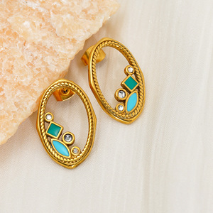 Stainless Steel Oval Stud Earrings Gold Plated Bohemian Style Blue Green Inlay Geometric Design Party Jewelry - Product Image 1