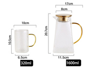 Pichet à eau et à lait en verre borosilicate transparent, 1600ml + 320ml * 6, avec boîte cadeau, vente en gros