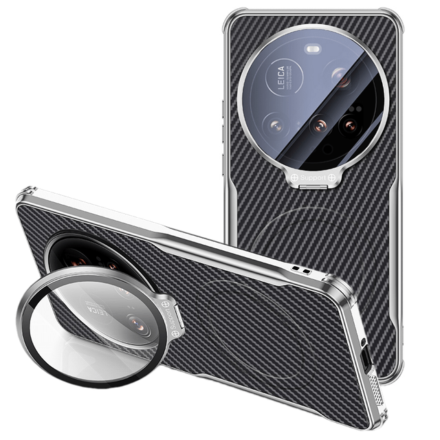 Luxury Carbon Fiber Textured Camera Stand Case for Xiaomi 15 Ultra 15 Pro 14 Ultra 14 Electroplating TPU Bumper Magnetic Cases