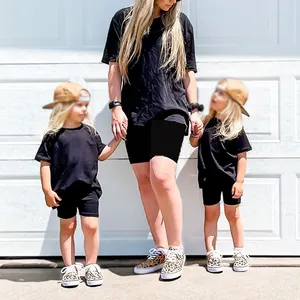 Mommy And Me Custom Biker Shorts Drop Shoulder Tee Shirt Cotton Above Knee Shorts Two Pieces Outfit Street Wear Casual Family