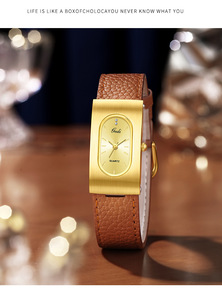 Reloj de Pulsera de Cuarzo Rectangular con Esfera Negra y Dorada para Mujer, Correa de Cuero Retro, Reloj de Vestir para Damas, para Negocios y Fiestas - Product Image 5