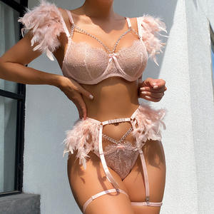 Feder Sinnliche Dessous Sexy Transparente Spitze BH Mit Kette Sets 3-teiliges Set Strumpf bänder Kostüme 1129 - Product Image 2