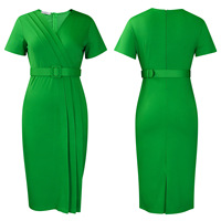 Vestido de Oficina de Alta Calidad para Mujer, Manga Corta, Cuello en V, Cintura Ajustada, Vestido Casual para Mujer