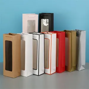 크래프트 종이 가방 장식 직사각형 모양 분리형 캐리 코드 휴대용 팩 레드 와인 색상 샴페인에 대 한 보이는 크래프트 선물 가방