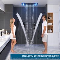 Système de douche Homedec Dual à 4 poignées, pomme de douche LED 14x20 pouces, 2 pommes de douche pluie cascade de 6 pouces, montage au plafond, noir mat