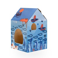 Maison et griffoir pour chat sur le thème de l'océan, en carton imprimé poissons et vie marine, pour chats d'intérieur de grande taille, vente en gros, direct usine