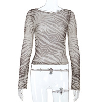 Vente flash - Top court sexy à manches longues en maille transparente à imprimé zèbre pour femmes