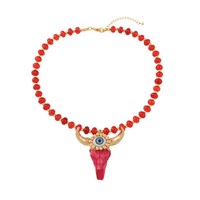 Kalung Liontin Kepala Sapi Wanita Vintage dengan Batu Alam dan Rantai Tembaga yang Dapat Disesuaikan