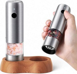 New Design Mini Electric Stainless Steel Salt & <b>Pepper</b> <b>Grinder</b> Set with Wood Base USB Rechargeable Eco-Friendly Small Automatic - Product Image 1