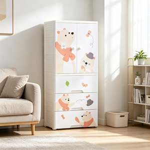 Lemari Penyimpanan Plastik Anak dengan Area Gantung & 3 Laci Organizer Lemari Kamar Anak Motif Beruang Kartun untuk Kamar Tidur Anak Laki-laki dan Perempuan - Product Image 4