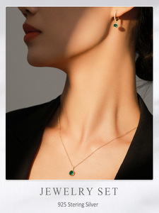 Conjunto de joyería con colgante de circón redondo Simple, Plata de Ley 925, chapado en oro, zafiro, Esmeralda, rubí, cadena de clavícula, conjuntos de pendientes de aro - Product Image 3
