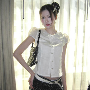 Blusa de Manga Abullonada con Cuello de Muñeca Estilo Academia para Mujer, Camisa Corta con Botones de Perlas y Cintura Ajustada - Product Image 1