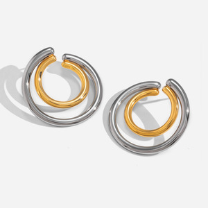 Stainless Steel Color-Blocked Hoop Earrings Geometric Design For Women Everyday Wear - Product Image 1