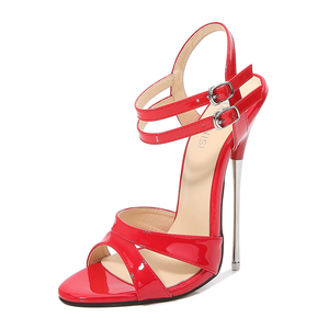Sıcak satış toptan moda kadın sandalet topuklu 16CM çift ayak bileği kayışı sandalet parlak Patent deri ayakkabı seksi striptizci ayakkabı giymek - Product Image 4