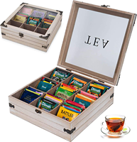 Boîte à thé en bois, organisateur, coffre de rangement pour thé, couvercle en verre, 9 compartiments, porte-sachets de thé, boîte en carton, emballage, design classique