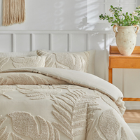 Parure de lit 3 pièces minimaliste beige neutre à motif de feuilles capitonnées, confortable et lavable en polyester, pour la maison et la chambre