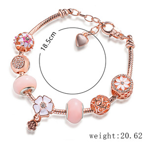 Joyería de Moda para Mujer, Brazalete de Corazón en Oro Rosa, Brazalete con Cuentas Rosadas y Dijes de Flores de Circonio para Mujer - Product Image 3