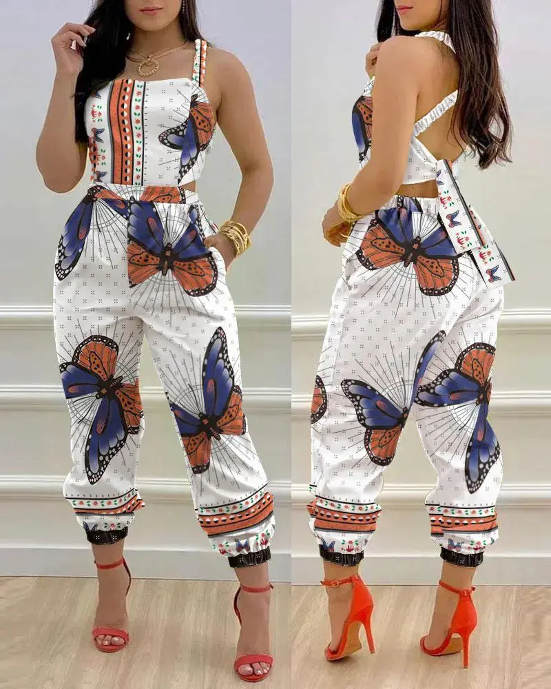 2023 Summer New Style Women Clothing Set Sexy Top with Loose Wide-leg Pants Two-Piece Printed Leisure Suit