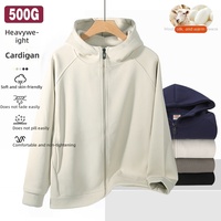 Hoodie Pria Heavyweight 500G Berbahan Fleece Brushed, Resleting Penuh, Lengan Raglan, Kantong Samping, Hangat untuk Musim Dingin, Streetwear