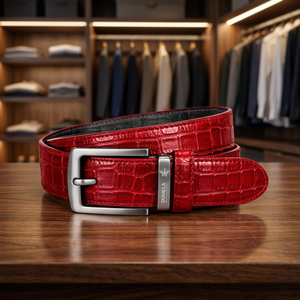 DUMELA Cinturón formal vintage de cuero genuino rojo para hombre, ligero, duradero, con hebilla cuadrada plateada, 40 pulgadas - Product Image 1