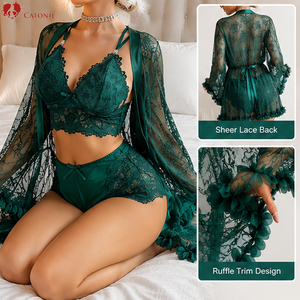 <strong>Women</strong> 3 Piece <strong>Lace</strong> Lingerie Set Wireless Bralette High Waist Panties Sheer Long Sleeve Robe Spandex Polyester <strong>Underwear</strong> - Product Image 3