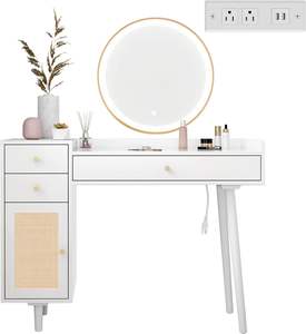 OEM/ODM avec port USB Commodes à 3 tiroirs, rangement, table de courtoisie en bois de rotin, bureau d'ordinateur, vanité de maquillage en bois multifonctionnelle - Product Image 2