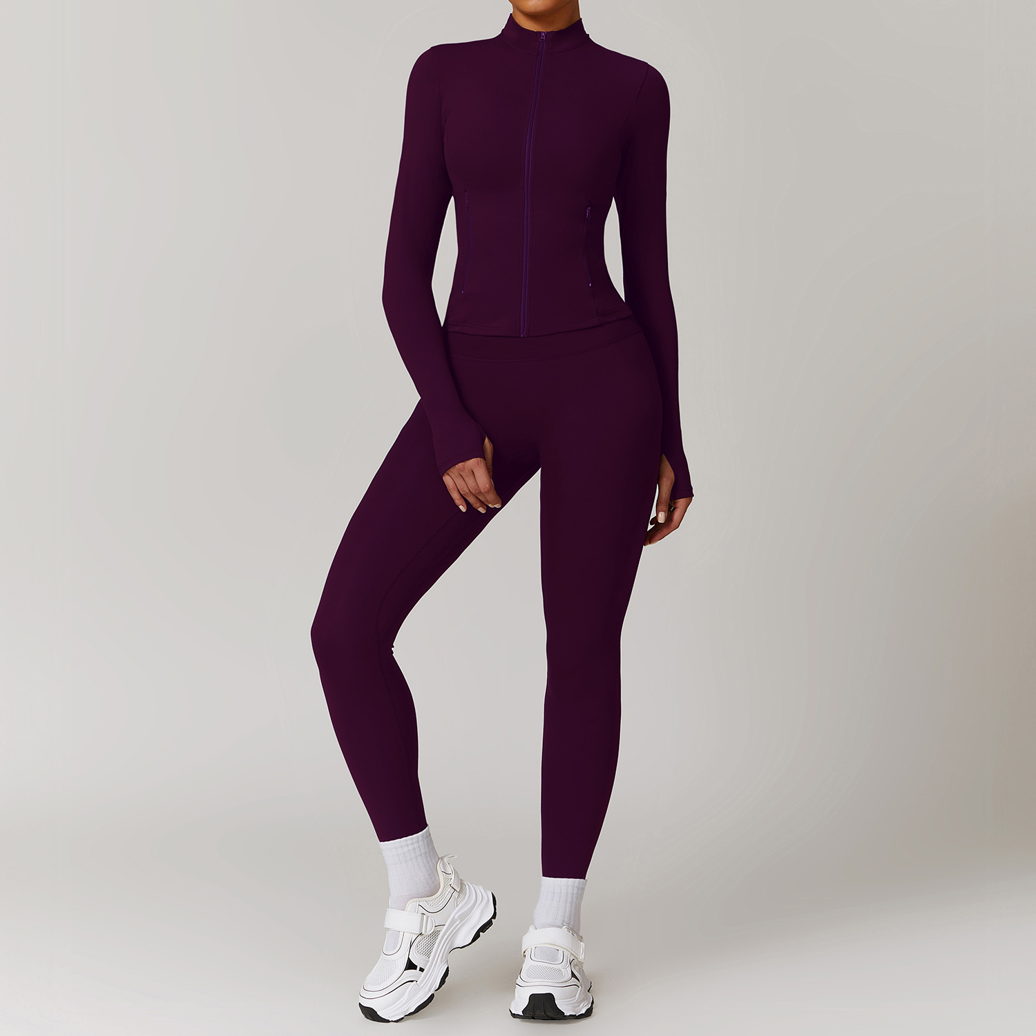 G Top-TZ9000-2 High Waist Workout Zip Pocket Fitness Jackets Scrunch Butt Gym Leggings Yoga Sports Two Piece Set Women Clothing