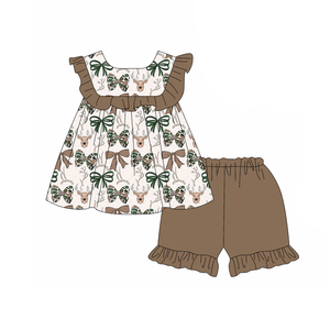 GSSO3666 Conjunto de ropa de verano para niña pequeña con estampado de ciervos y lazos de camuflaje, conjunto de ropa infantil de manga corta para niña. - Product Image 1