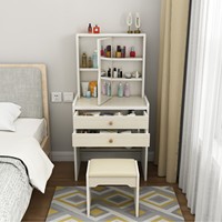 Ensemble coiffeuse moderne minimaliste en bois avec tabouret rembourré, 3 tiroirs et miroir sur pied design pour chambre et dressing