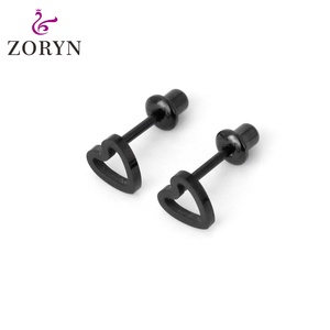 Zoryn 316L Stainless Steel Black IP Plated Screw <b>Back</b> Stud <b>Earrings</b> Hollow Heart with Mountain Hypoallergenic Tarnish Resistant - Product Image 4