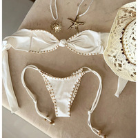 JSN 2025 Nouveau Maillot de Bain Deux Pièces Couleur Unie Sexy avec Dentelle et Dos Nu, Bikini Bandeau Tendance pour Femme
