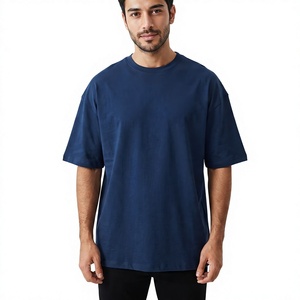 <b>Men's</b> Oversized Solid <b>Navy</b> <b>Blue</b> Cotton T-<b>Shirt</b> Short Sleeve O-Neck Casual Fit Regular Length Plain Dyed Jersey Knitted - Product Image 1