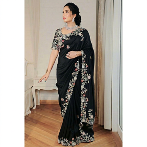Sari Tradicional Gujarati de Georgette de NiMa Creations, Negro con Bordado Floral en el Borde, Corte Regular para Mujer, Ideal para Bodas, Fiestas y Graduaciones - Product Image 1