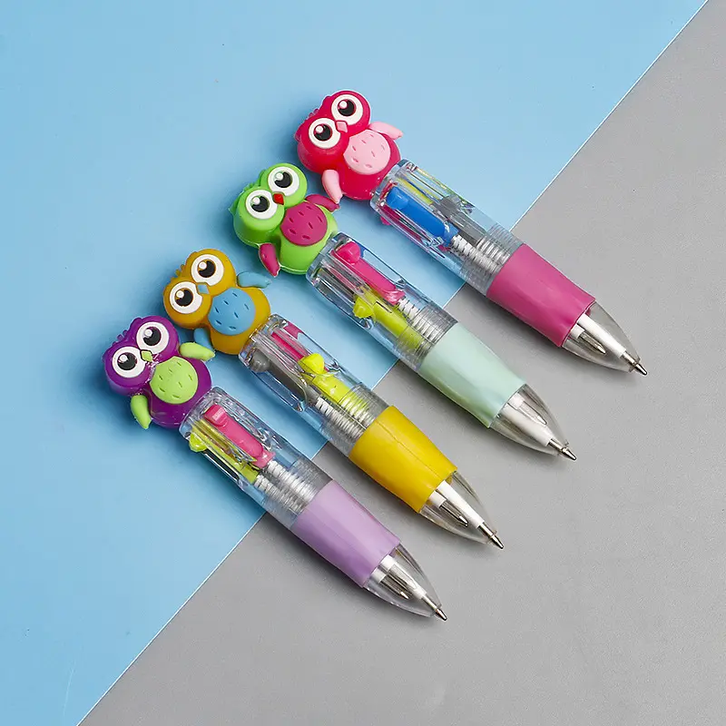 Mini 4 Color Ballpoint Pen Cute Short 4 In 1 Multi Color Pen With Cartoon Pvc Head Top Ball Pen For Kids