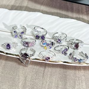 Luxury Inlaid Purple Color Zircon <b>Ring</b> for Women <b>Stacked</b> Open Sunflower Temperament Butterfly Open <b>Ring</b> Irregular Texture <b>Ring</b> - Product Image 4