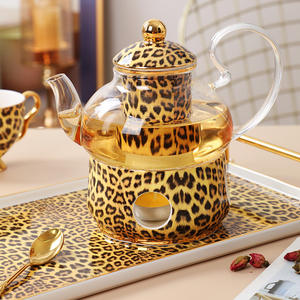 Service à thé de luxe nordique, style européen, en céramique, avec théière chauffante, tasses à café, assiettes et plateau, motif léopard, en stock - Product Image 3