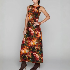 Crépuscule Flore Impression Naturel Écologique Encolure Haute Femme Robe De Mode Élégant Vintage Maxi Longueur Sans Manches Partie - Product Image 2
